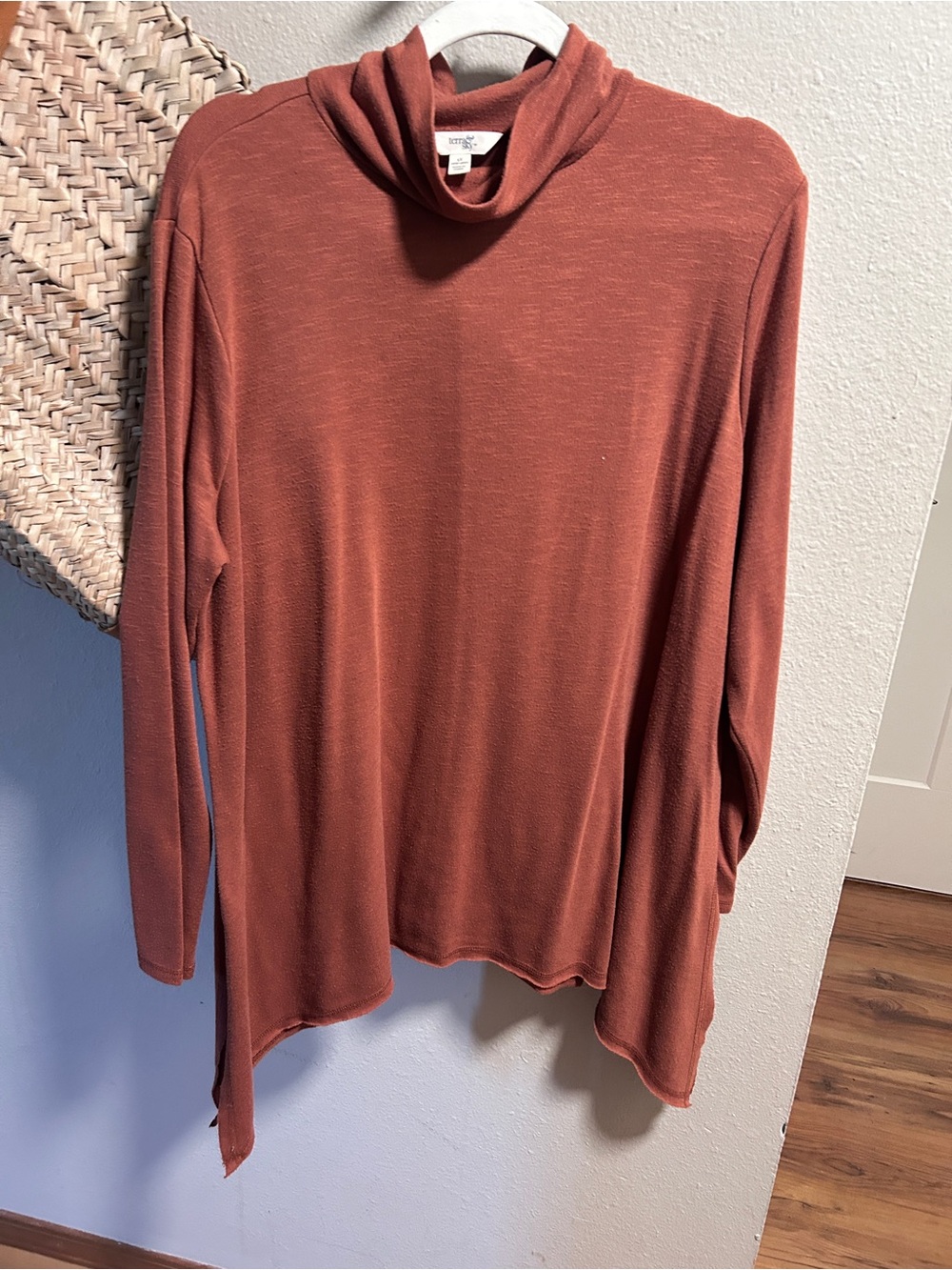 Terra & Sky Rust Long-Sleeve Draped Turtleneck TopFlattering on